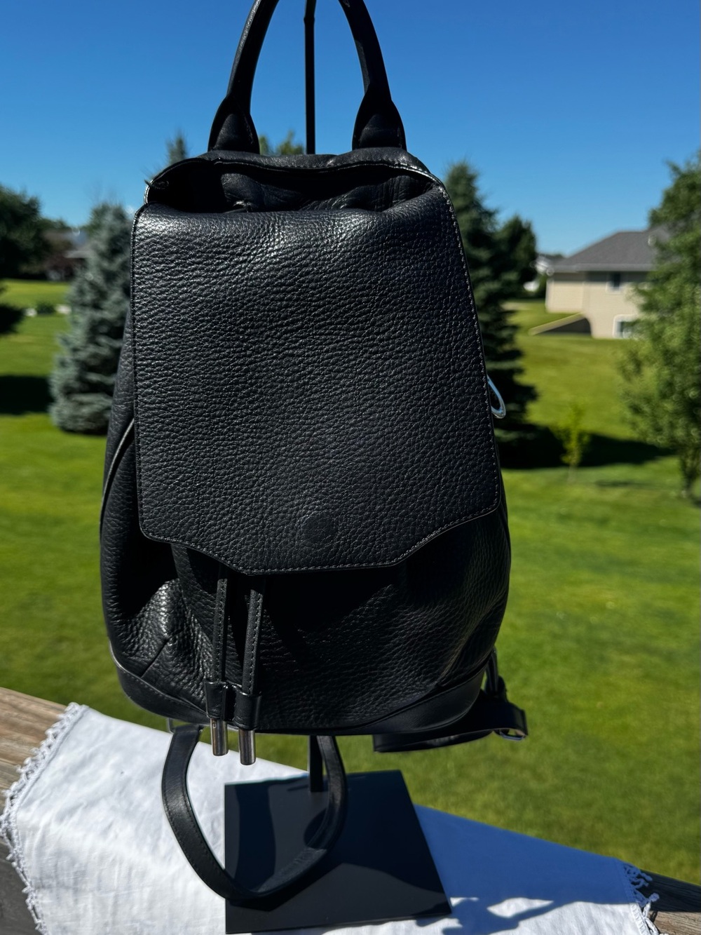 Black Rag & Bone Black Pebbled Leather Backpack Drawstring Mini Backpack - Women